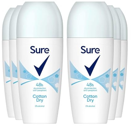Sure Antiperspirant Roll On Cotton Dry 48H Sweat and Odour Protection Roll On with Fresh, Light and Clean Scent Deodorant for Women, 50ml Pack of 6