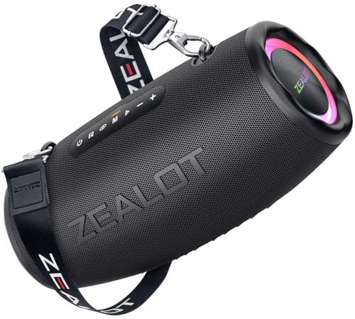 Zealot Altavoz Bluetooth Grande 80W de Potencia con Luz LED, Altavoces Inalámbricos 16000mAh Batería, Autonomía de 40 Horas, Puerto de AUX, USB, Tarjeta TF, Bluetooth 5.2, IP67 Impermeable, Negro