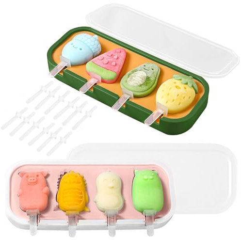 FOVERN1 2 Pieces Silicone Ice Lolly Moulds with Sticks, BPA-Free Reusable Popsicle Molds for DIY Ice Cream, Cake Pop, Chocolate - Home & Outdoor Use (Animal/Fruit Design)