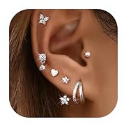 JeweBella 6 Paar Ohrstecker für Damen Trendiges Stern Herz Zirkonia Ohrringe Stapel Set Silber/Gold Ohrstecker Kleine Creolen Set für Mehrere Piercings