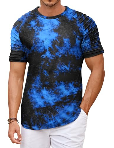 COOFANDY Camiseta de manga corta Plastron para hombre, camiseta deportiva de cuello redondo, para entrenamiento, gimnasio, Azul teñido anudado, M