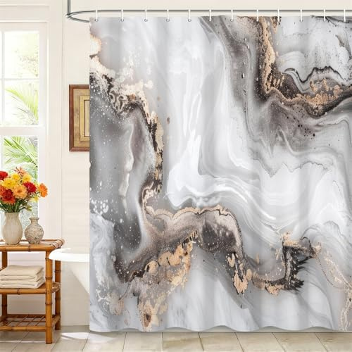 Kzzfqxb 105x160cm Tende da doccia con ganci in plastica, impermeabile occluso grigio dorato marmo latteo flusso d'acqua onda sabbia modello moderno per Vasca, tessuto in poliestere per Bagno