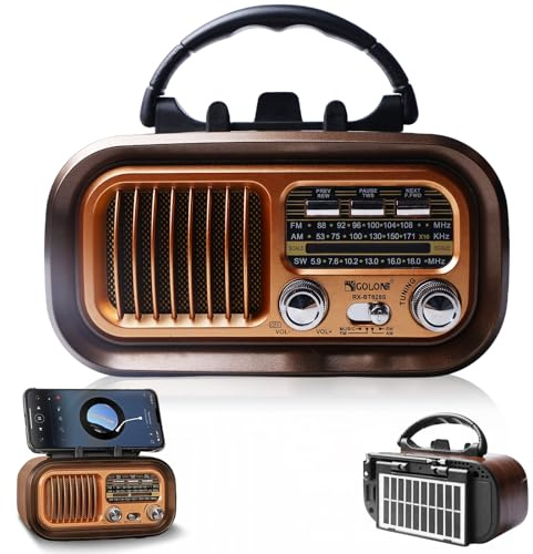 Radio retro con Bluetooth, AM/FM/SW Retro Radio Pequeño Solar Altavoz Bluetooth portátil con batería de 1200 mAh, compatible con USB/TF, radios vintage para el hogar, la oficina, el exterior