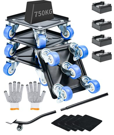 Kit de roulettes pour Meubles avec Deplace Leve Meuble Lourd sans Effort Roulette pour Chariot avec 5 Roues et Frein soulever Meuble Lourd Charge de 750 kg