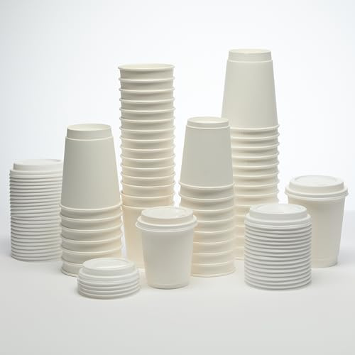 London Coffee Cups Double-wall Disposable Coffee Cups with Lids. 8-12oz, White, for hot Coffee and Other Drinks, take Away Coffee Cups (50, 8oz)