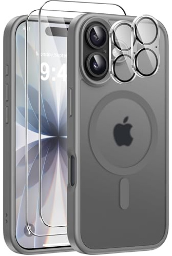 ivencase 5 in 1 Magnétique Coque pour iPhone 17 avec 2 Verres Trempés et 2 Caméra Protecteur, Compatible MagSafe Dos Anti Rayures Coque Antichoc TPU Bumper Coque pour iPhone 17 6,3 -Gris