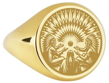 925 sterlingsilver indianer | guldpläterad ring | rund sigillring 14 x 14 mm | Bandstorlek US 5–12,5 avelaibal | LKDR_0039