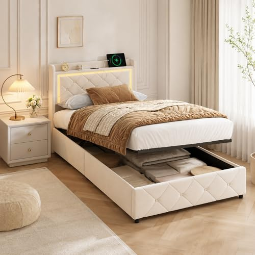 Poeahu Letto baule 90 x 200 con rete a LED e USB, letto singolo con spazio di archiviazione idraulico, letto singolo imbottito con testata, telaio letto singolo, senza materasso