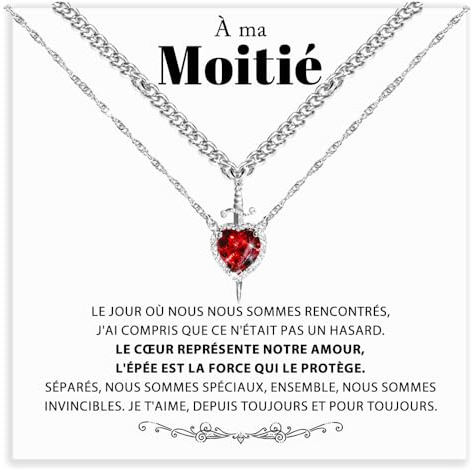 Colliers Couple Cœur et Épée Idée Cadeau Saint-Valentin pour Lui et Elle en Acier Inoxydable, Anniversaire Mari et Femme, Set de 2 Colliers – Coffret avec DÉDICACE INCLUS (Colliers Cœur et Épée)