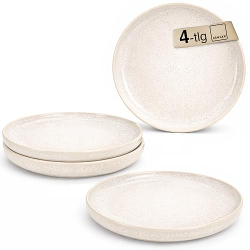 Sänger | Dessertteller Set Korfu 4 tlg, Kuchenteller für 4 Personen, Steingut Teller Handmade, Set inkl. 4 Dessert Teller Ø 20,7 cm, Teller Creme Farben mit Sandiger Maserung