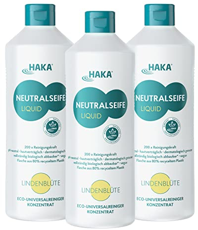 HAKA Neutralseife Liquid, Allzweckreiniger, Universalreiniger für den Haushalt und Auto, pH-neutrales Reinigungsmittel, Konzentrat, Duft Lindenblüte, 3x 1L