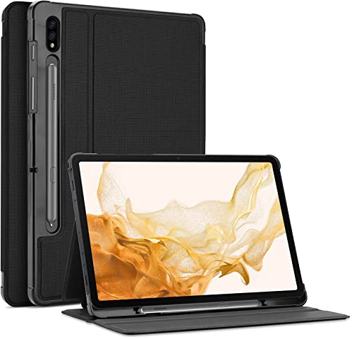 ProCase Buchdeckel Hülle für 12.4 Zoll Samsung Galaxy Tab S8+ Plus 2022/Tab S7 FE 2021/Tab S7+Plus 2020(SM-X800/X806/T730/T736) Klapp Stoßfest Schutzhülle Book Case Smart Cover -Schwarz