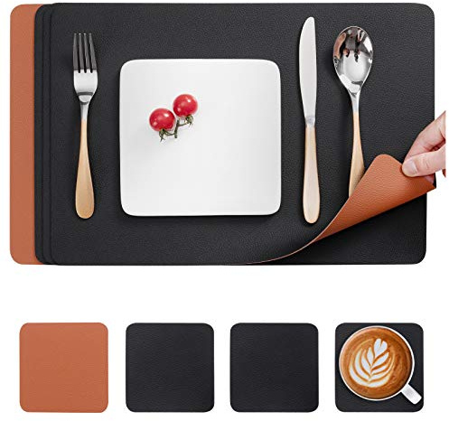 Myir JUN Set de Table, Sets de Table en Cuir et Dessous de Verre Antidérapant Set de Table Double Face Sets de Table Lavable Impermé Ables Set Table Plastique (Noir Marron, Lot de 4)