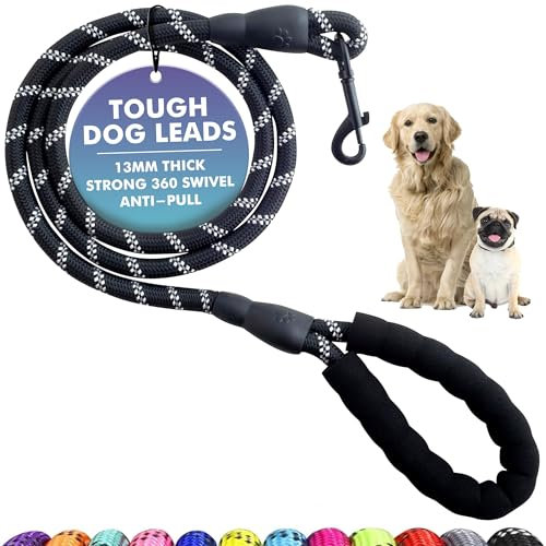 Spanner In The Works® | Black Dog Leads For Large Dogs - Reflective Dog Leashes, 1.5 Metre Long Lead, Thick 13mm Anti Pull Leash | Comfort Handle, Strong 360 Swivel Rope Lead