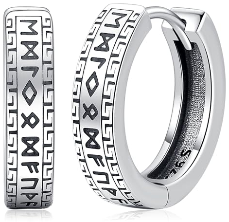 Wikinger Ohrringe für Herren Damen, 925 Sterling Silber Nordic Creolen Rune Huggie Punk Ohrringe Wikinger Schmuck Geschenke für Männer Frauen