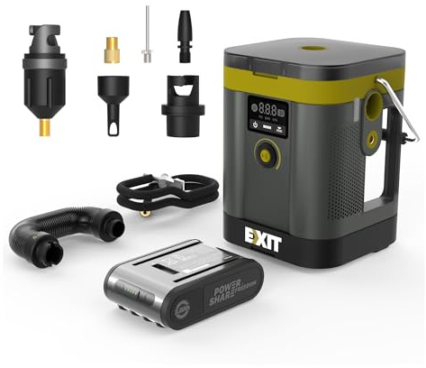 EXIT 20V elektrische Luftpumpe, 150 PSI Reifeninflator für Autoreifen, Entlüftungsfunktion, LED-Licht, digitalem Druckmesser, Fahrradpumpe, Sportbälle, SUP Pumpe, Batterie enthalten.