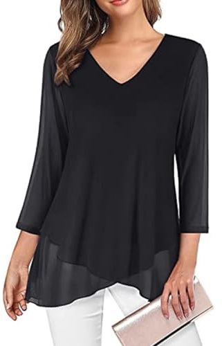 SHEKINI Dam V-krage 3/4 Ärmar Tunika Andningsaktiv Avslappnad Ruffle Blus Dubbel Chiffong Toppar Ren Färg Veckad Elegant Tröja, Svart, L