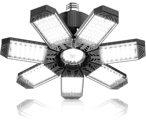 HAPYLUMI Lampada da Garage LED 200W, 20000LM Plafoniere LED a Soffitto Garage Deformabile con 7+1 Pannelli Regolabili 6500K Luce Garage LED Prese E26/E27 per Officine Magazzino Scantinati