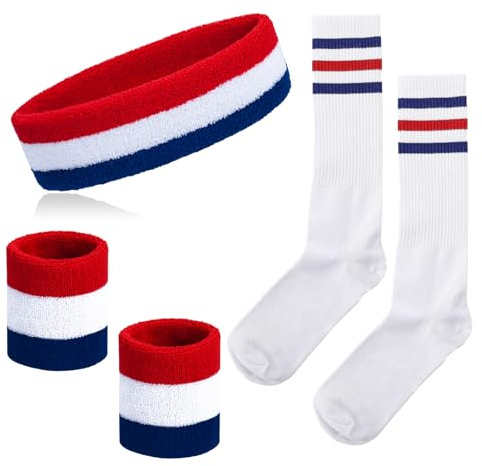 NANXJIUR Juego de 5 calcetines a rayas para el sudor, muñequeras deportivas, calcetines de tubo alto, accesorios de los años 80 para hombres y mujeres, disfraces de los años 90, juego de calcetines a