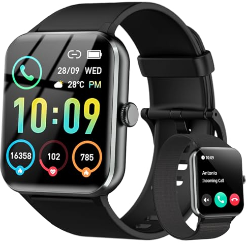 IOWODO Smartwatch Damen Herren, 1.85'' Fitnessuhr mit Telefonfunktion/Message Reminder, Fitnessuhr mit Herzfrequenzmonitor Schlafmonitor Schrittzähler, Sportuhr für iOS/Android
