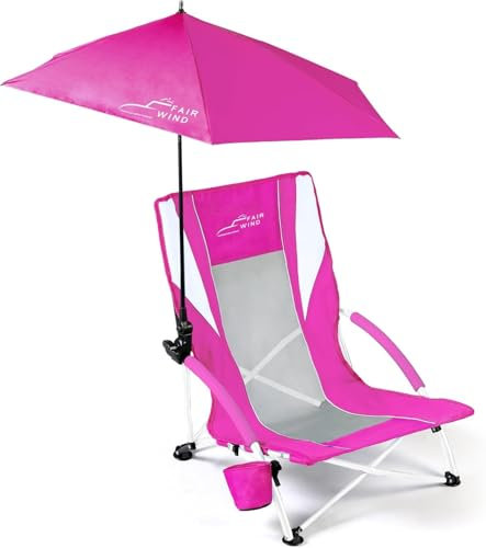 FAIR WIND Portable Beach Chair with Umbrella 300LBS Heavy Duty Folding Compact Canopy Chair with Cup Holder & Carry Bag for Beach, Camping, Concerts, Sports - Pink Color