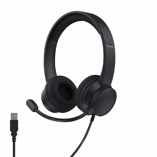 Trust Roha II Auriculares con Cable USB con Micrófono Cancelación de Ruido ENC, 85% Plástico Reciclado, Cable 1,8 m, Cascos On Ear Ligeros USB-C PC Ordenador Portátil Zoom Teams, Negro