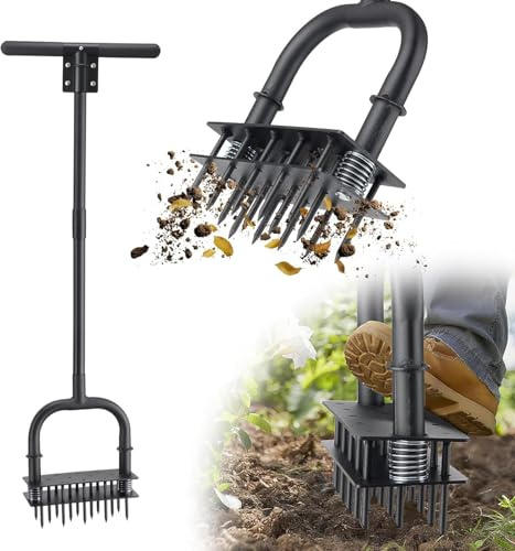 OLLIDOT Aireador de césped, herramienta manual de 99 cm de largo, aireador de núcleo de mano de obra con 14 picos de acero, aireador manual de césped para césped, jardín, patio