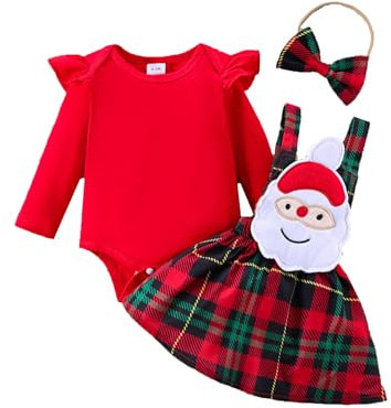 UUAISSO Vestiti di Natale per Neonata Tutina a Maniche Lunghe con Bretelle e Gonna Scozzese Set Vestito per Neonata Babbo Natale Rosso 0-3 mesi