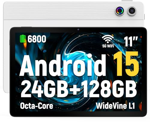 Laptok Tablet, Android 15 Tablet 11 Zoll, 24 GB RAM 128 GB ROM 1 TB TF erweiterbar, Widevide L1, Octa-Core-Prozessor, 1280 x 800 IPS HD Touchscreen 6800 mAh Akku WiFi 6 BT 5.3 Dual Kamera (Weiß)