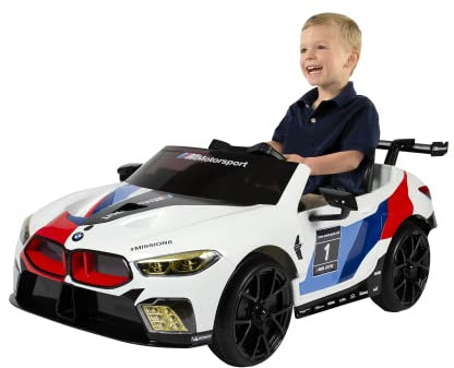 Rollplay Elektroauto BMW M8 GTE 12V mit Fernbedienung – Lizensiert – Softstart – 5 km/h Elektrofahrzeug für Kinder ab 3 Jahren, Hupe, Sicherheitsgurt, öffnende Tür, Lichter vorne, MP3, weiß 32802