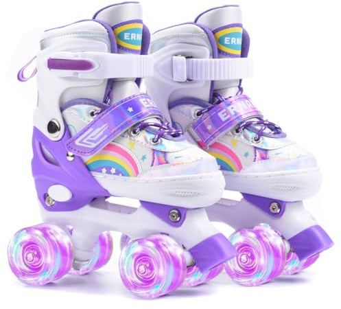 ERNAN Roller Enfant Filles et Garçons,Patin a Roulette Enfant 4 Taille Réglable, Roller Quad avec 8 Roues Lumineuses. Patins à roulettes pour Enfants pour débutants (Purple, S)