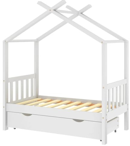 vidaXL Kinderbett mit Schublade, Kinder Bettrahmen für Kinderzimmer, Kinder Bettgestell mit viel Stauraum, Spielzeug Kinderhaus, Weiß 70x140 cm Massivholz Kiefer