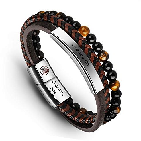 Casisto.J Pulsera Cuero Hombre - Pulsera Trenzada Hecha a Mano clásica en Negro y marrón con Cierre magnético Grabado Joyas Gratis en Caja