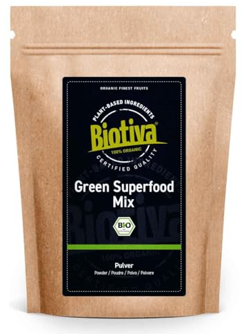 Green Superfood Mix Pulver Bio 400g - Gerstengras Weizengras Spirulina Chlorella Moringa Löwenzahnwurzel Brennnessel Kelp & Matcha - Mix aus 9 Superfoods - Biotiva