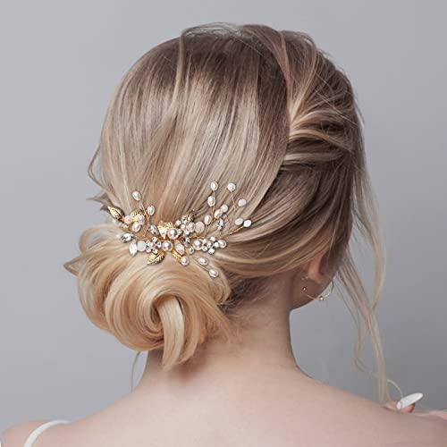 Brautschmuck, Etercycle Braut Kopfschmuck Hochzeit Haarspangen Kristall Haarnadeln Reben Blume Blatt Perle Haarschmuck für Braut (Gold)