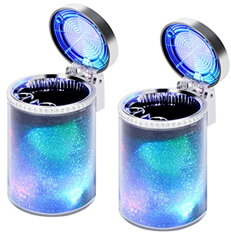 AUSZUOI Car Ashtray (2-Pack), Auto Ashtray With LED Light, Mini Car Trash Can, Portable Lid, for Car cup holder, Home , Office and Travel(Silver)