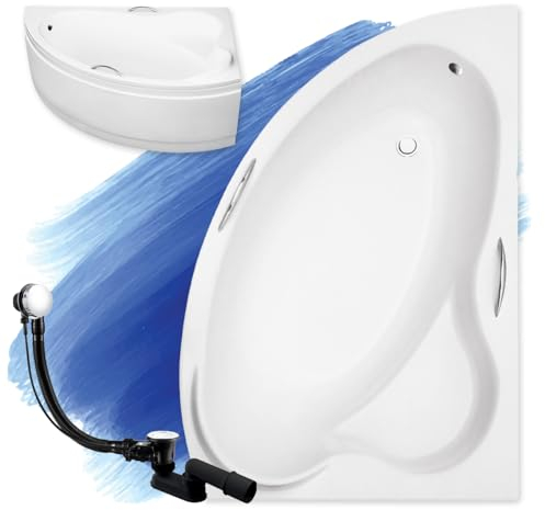 BADLAND Original Eckbadewanne Weiß Acryl Wanne Badewanne Ada 160x100 cm Rechts KOMPLET KOMPLETTSET SET Acrylschürze, Handgriffen, Füßen und Premium Chrom Automatik Ablaufgarnitur Made in EU 4in1