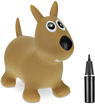 Relaxdays Cane Gonfiabile per Bambini, Animale Saltellante, Fino a 50 kg, BPA-Free, Pompa Manuale, Marrone Chiaro