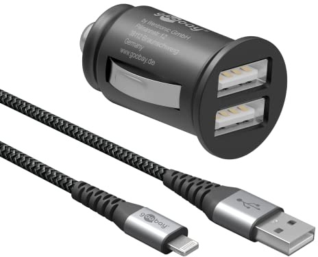 goobay 64804 dubbel USB-port billaddare USB cigarettändaradapter 12 V/24 V bil mini USB-adapter bil laddningskontakt USB A billaddare 15,5 W inkl. 1 m belysningskabel, svart