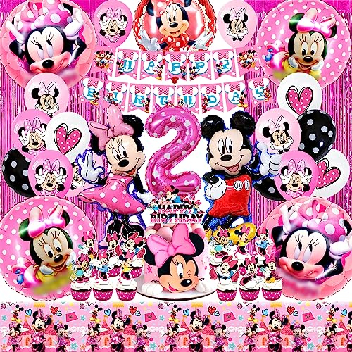 Minni Mouse Geburtstagsdeko 2 Jahre Mädchen Rosa, Minni Folienballons, Minni Luftballons für Birthday Party Supplies Dekoration Mit Mouse Tortendeko,Minni Happy Birthday Banner für Minni Themenparty