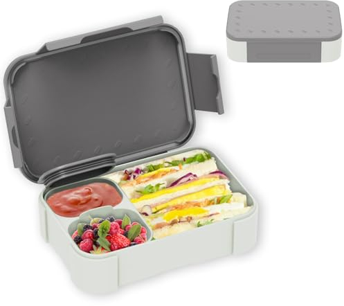 XJIANFU Brotdose Kinder mit Fächern,900ml Auslaufsichere Bento-Box, Kinder-Lunchbox,Auslaufsicher Fächern,Jausenbox Brotbox für,Mädchen & Jungen,Mikrowelle/spülmaschinenfest(Gray)