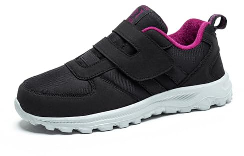 RUYI Diabetiker skor kvinnor män extra långa seniorer ortopediska hälsoskor promenadskor ultralätta sneakers med kardborreband för svullna fötter, svart lila, 40 EU
