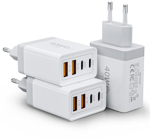3-Pack USB C-Laddare, 40W 4-Ports Multiladdare med USB-C och USB-A, Snabbladdare Strömförsörjning PD 3.0 Strömadapterkontakt för Phone 16/15/14/13/12/11/Pro Max/XS/XR/8/7/iPad/Samsung/Surfplatta