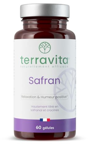 SAFRAN | 60 Gélules | 30 mg par Gélule | Enfants et Adultes | Concentration - Anti-Stress - Sérénité - Bonne Humeur | Extrait Titré en Safranal et Crocines | 2 Mois | Made in France | Terravita