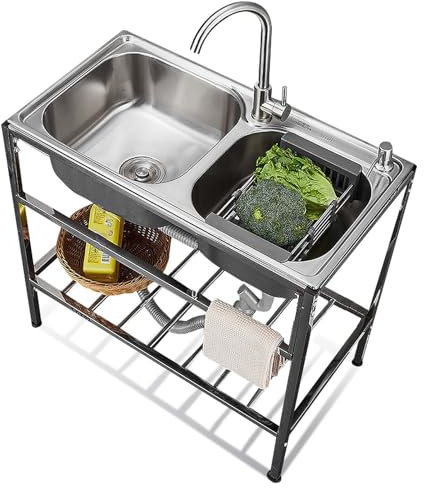 WANGXLGD Lavandino a doppia ciotola, Set lavabo in acciaio inox free standing, Lavandino da cucina per ristorante, Bar, Lavanderia, Garage, Cortile, Campeggio