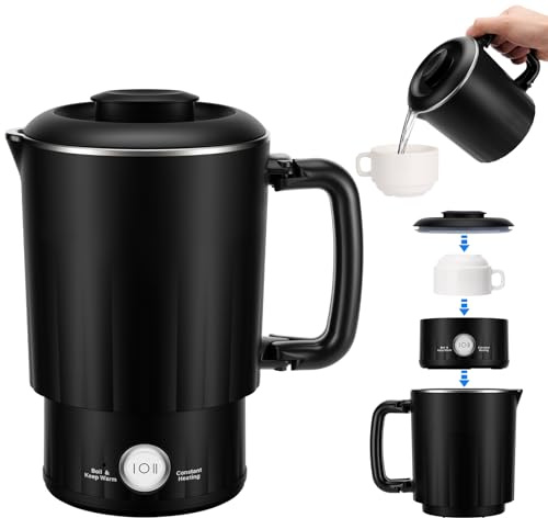 PAHTTO Hervidor eléctrico de acero inoxidable, 800 ml, con una taza, sin BPA, calienta en 5 minutos, perfecto para la familia, viajes, hoteles, acampadas y excursiones (negro)