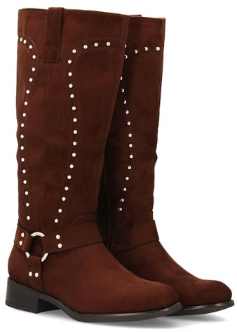 95957 Bota Cowboy con Cana Alta y Tachuelas para Mujer. Tacon Medio y Comodo. Estilo campero, Estampado Liso, Cierre de Cremallera Ideal para Otono Invierno. Marron Talla 38