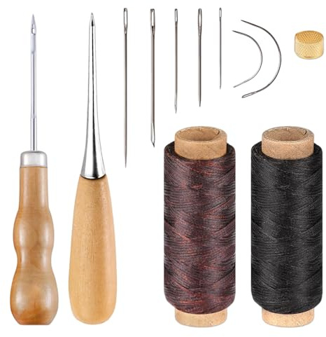 Alène à Coudre en Cuir - Kit de Couture de Cuir avec 2 Bobines de Fil, 7 Aiguilles, 2 Poinçons et 1 Dé à Coudre, Outil Artisanat DIY pour Cuir