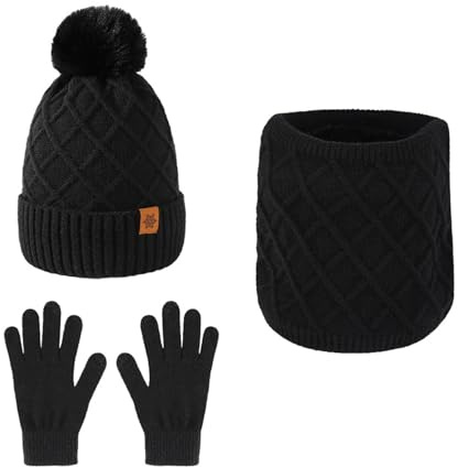YIMINI Halsduk, mössa och pekskärm handskar set, beanie mössa dam vinter med tofs fleece fodrad, loop halsduk tubhalsduk vinterhalsduk, vinterhandskar, som julklapp, svart, En Storlek