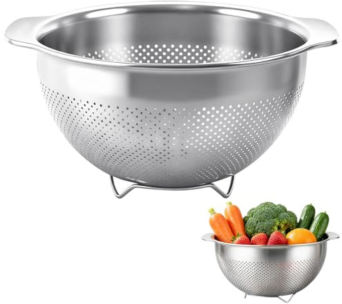 Kökssil, sil i rostfritt stål 25 cm, pastasil med 2 handtag och fötter, salladssjol, kökssil för dränering och sköljning av kök/grönsaker/frukt/ris